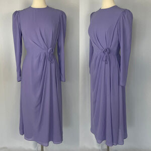 Vintage Cocktail Dress Size 12 Purple Solid Puff Sleeves Formal Party Midi 80s